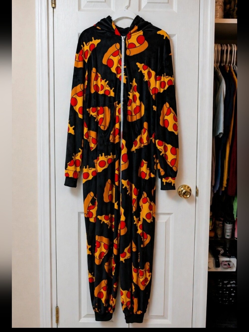 Pizza Print Adult Onesie Pajamas Hooded Zip Front Lounge Cozy Novelty Sleepwear